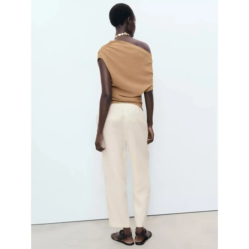 Mango Drawstring Pure Linen Trousers pants pull on Y2K Beige XL A006495